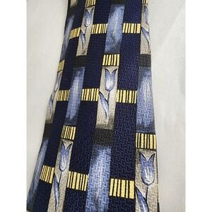 Oleg Cassini Mens Silk Tie Navy Blue Yellow Tulip Floral Geometric Necktie